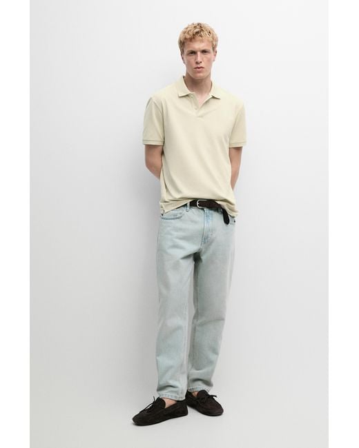 MASSIMO DUTTI White Micro-Textured Cotton Piqué Polo Shirt for men