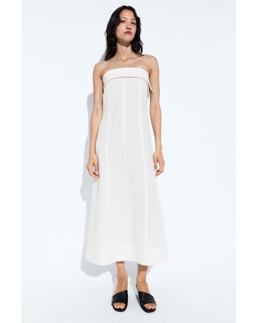 MASSIMO DUTTI White Linen Strapless Midi Dress