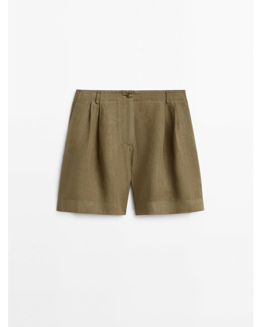 MASSIMO DUTTI Linen Bermuda Shorts With Darts in Green | Lyst