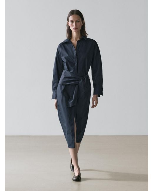 MASSIMO DUTTI Blue Midi Shirt Dress With Scarf Detail