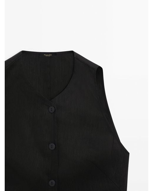MASSIMO DUTTI Black Buttoned Stretch Linen Blend Waistcoat