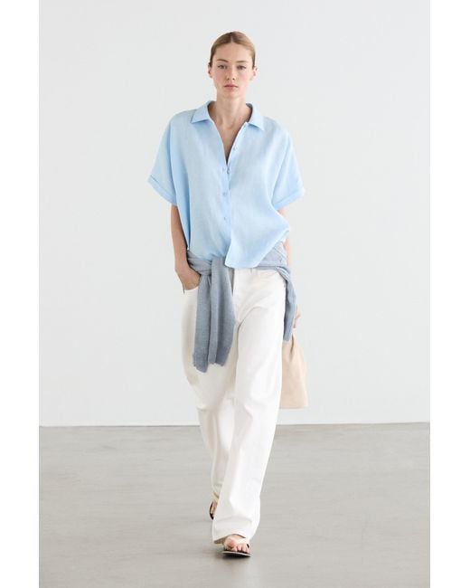 MASSIMO DUTTI Blue 100% Linen Short Sleeve Shirt