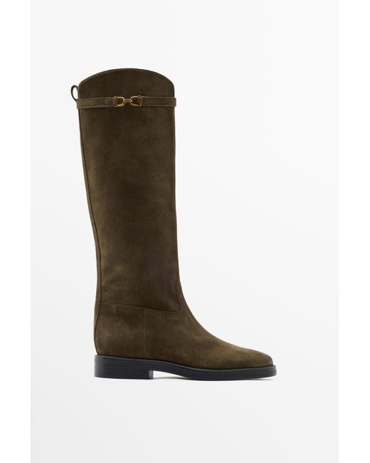 MASSIMO DUTTI Brown Oiled Split Suede Riding Boots
