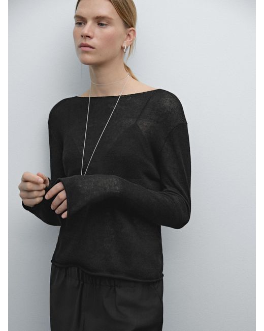 MASSIMO DUTTI Black Linen Blend Cutwork Sweater