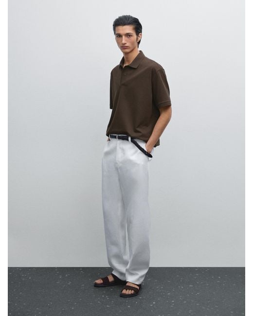 MASSIMO DUTTI White Cotton Blend Polo Shirt With Snap Button for men