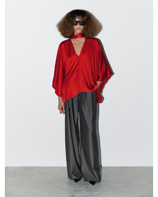 MASSIMO DUTTI Red Flowing V-Neck Blouse