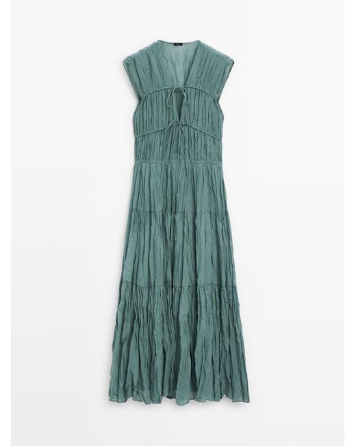 MASSIMO DUTTI Green Pleated Dress With Tie Details