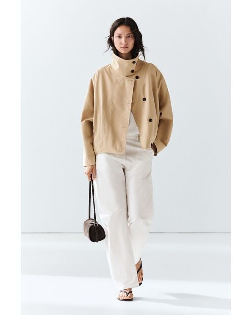 MASSIMO DUTTI White Pleated Stand Collar Bomber Jacket