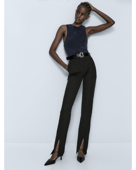 MASSIMO DUTTI Black Slim Fit Trousers With Split Hems | Lyst