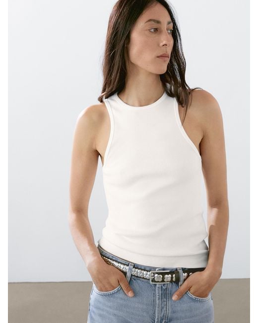 MASSIMO DUTTI White Cotton Blend Halter-Neck Top