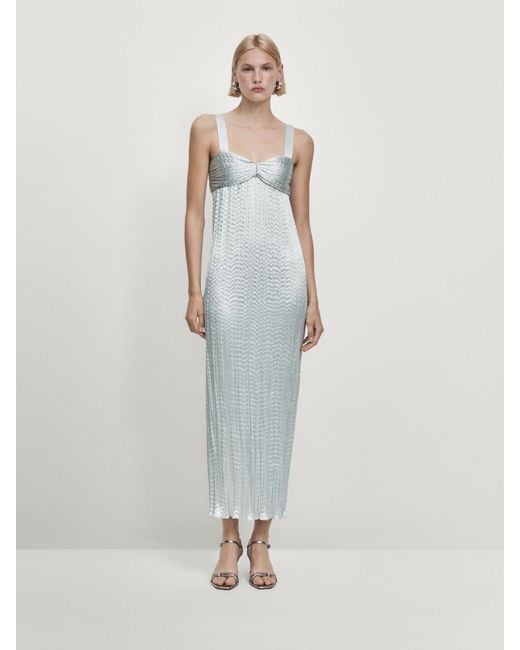 MASSIMO DUTTI White Pleated Satin Midi Dress
