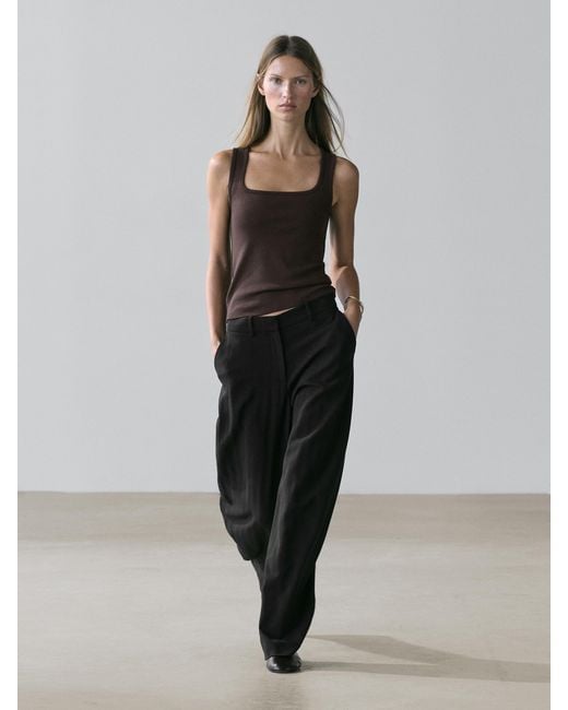 MASSIMO DUTTI Brown Square Neckline Sleeveless T-Shirt
