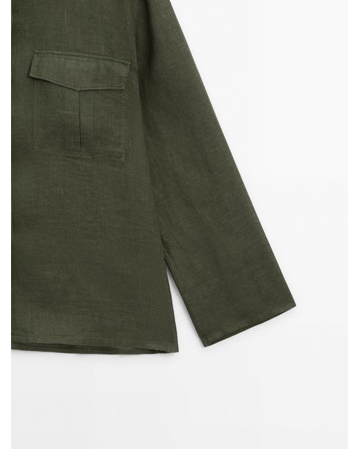 MASSIMO DUTTI Green 100% Linen Shirt With Pockets