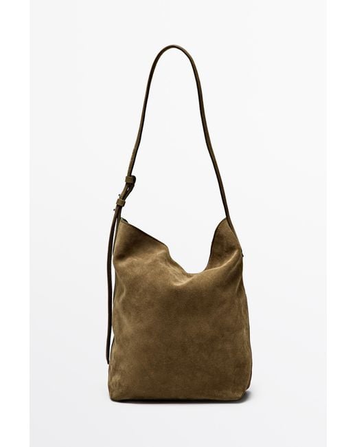 MASSIMO DUTTI Brown Distressed-Effect Split Leather Bucket Bag