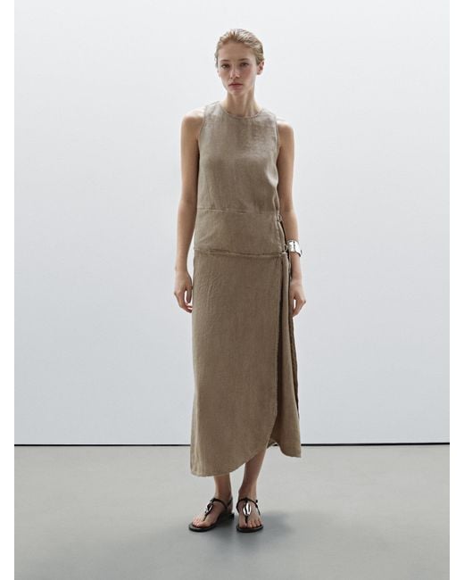 Vestito Con Dettaglio Di Fibbia 100% Lino di MASSIMO DUTTI in White