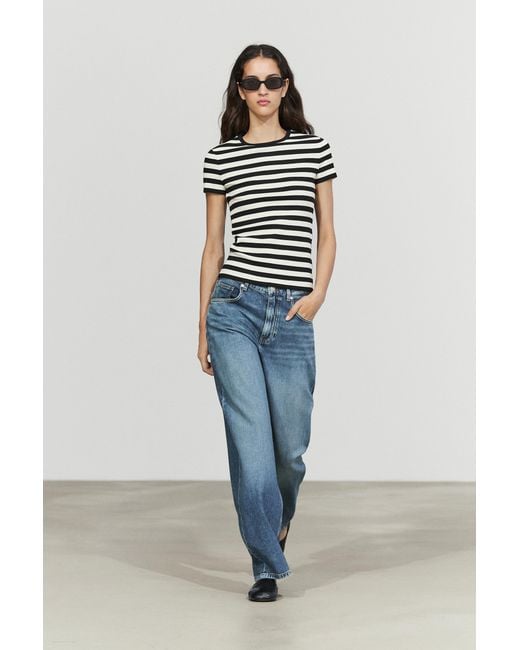 MASSIMO DUTTI Blue Short Sleeve Striped Cotton Blend T-Shirt