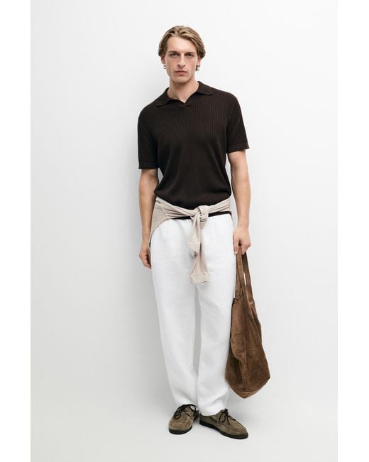 MASSIMO DUTTI White 100% Cotton Ribbed Knit Polo Sweater for men