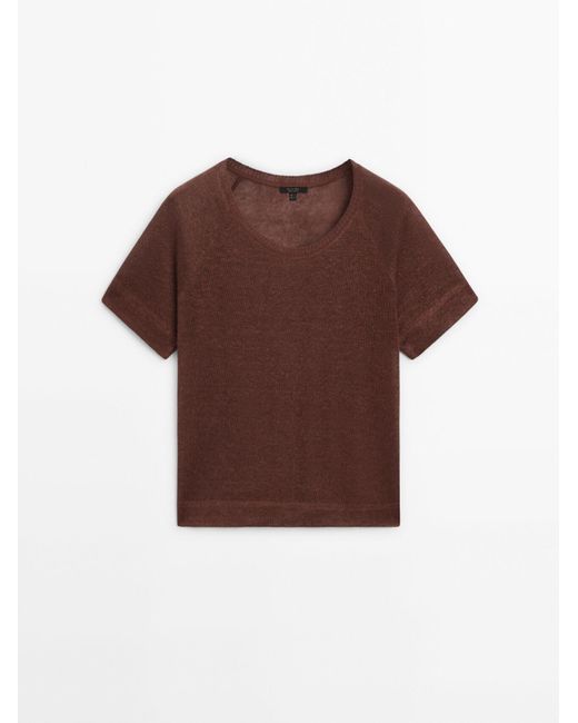 MASSIMO DUTTI Brown Linen T-Shirt With Short Raglan Sleeves