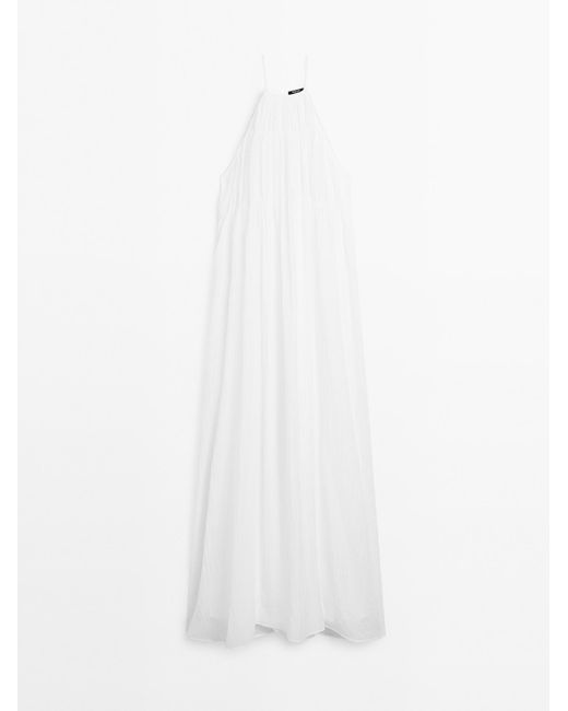 MASSIMO DUTTI White Langes Plissée-Kleid Mit Raffungen