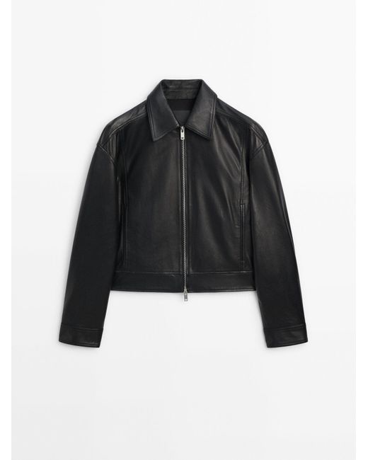 MASSIMO DUTTI Black Nappa Leather Jacket With A Shirt Collar
