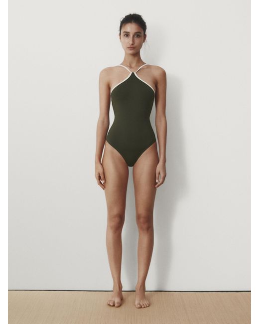 MASSIMO DUTTI Green Contrast Halterneck Swimsuit