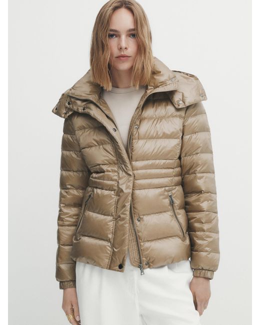 MASSIMO DUTTI Hooded Down And Feather Puffer Jacket in Natural | Lyst
