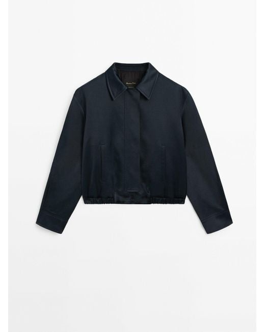 MASSIMO DUTTI Blue Satin Bomber Jacket