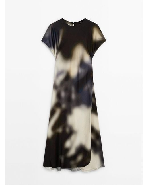 MASSIMO DUTTI Black Printed Satin Midi Dress