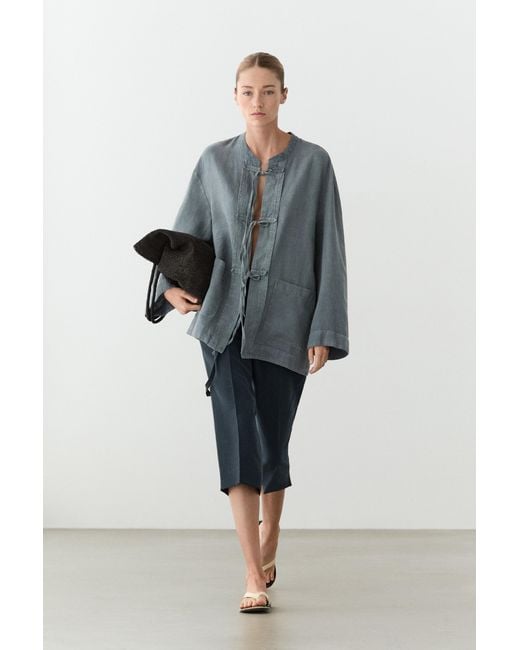 MASSIMO DUTTI Blue 100% Linen Kimono With Ties