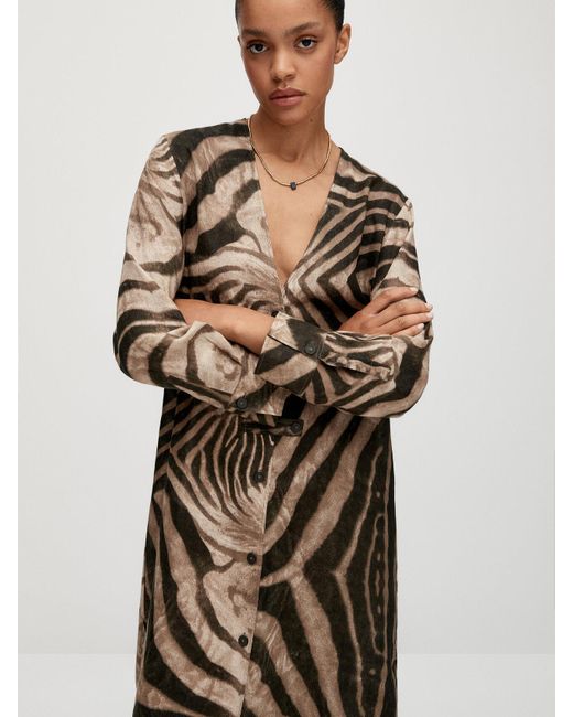 MASSIMO DUTTI 100% Linen Zebra Print Dress in Brown