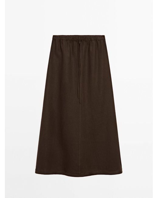 MASSIMO DUTTI Brown 100% Linen Midi Skirt With Drawstring