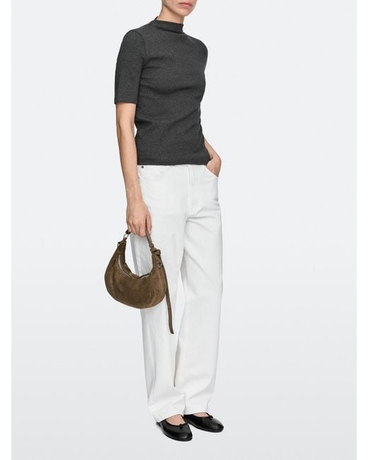 MASSIMO DUTTI White Split Suede Leather Bag With Metallic Buckle