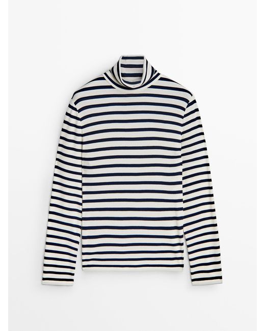 MASSIMO DUTTI Blue Long Sleeve Striped T-Shirt With A High Collar