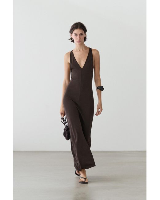 MASSIMO DUTTI Brown Flowing V-Neck Midi Dress