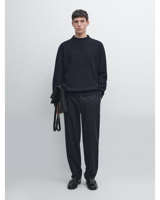 MASSIMO DUTTI Blue Cotton Blend Knit Sweater With Mock Turtleneck for men