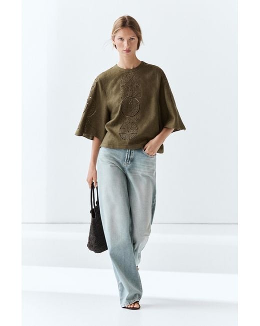 MASSIMO DUTTI Green Linen Blend Blouse With Embroidered Details