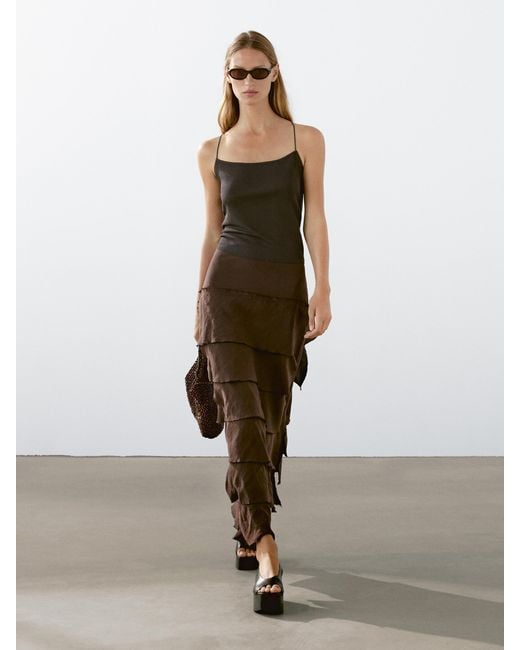 MASSIMO DUTTI Natural Midi Skirt With Ruffle Detail
