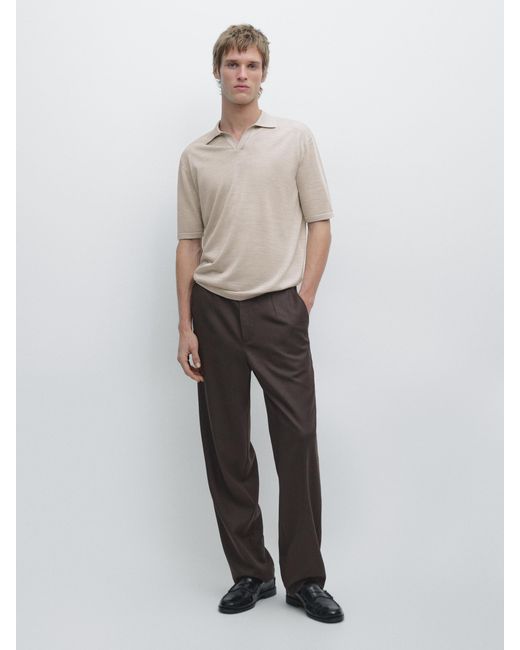 MASSIMO DUTTI White Knit V-Neck Polo Shirt for men