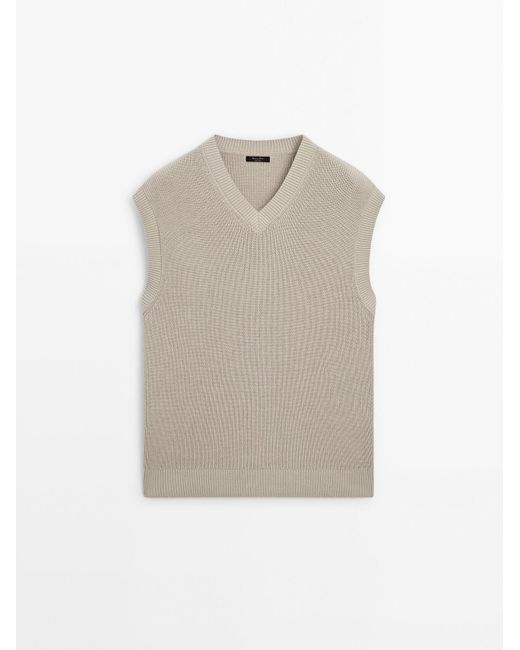 MASSIMO DUTTI White V-Neck Knit Vest for men