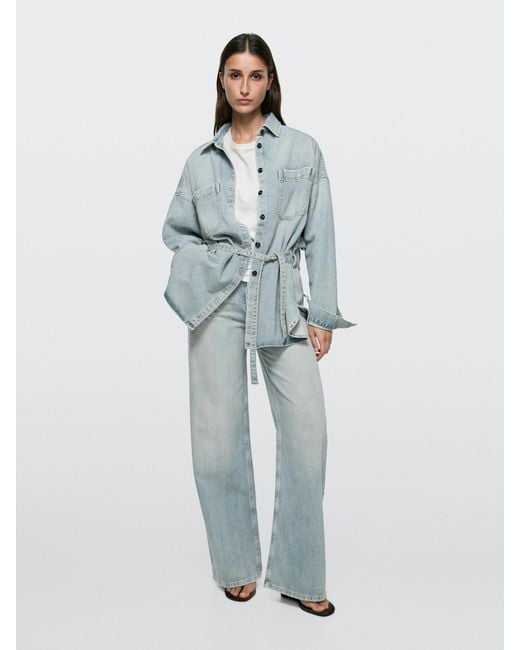 MASSIMO DUTTI Blue Oversize Denim Shirt With Pocket Details