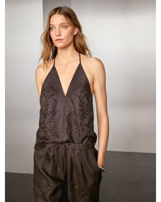 MASSIMO DUTTI Brown Linen Blend Embroidered Balloon Fit Trousers