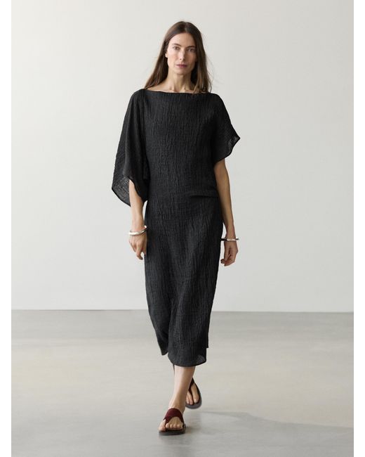 MASSIMO DUTTI Black Linen Asymmetric Sleeve Midi Dress