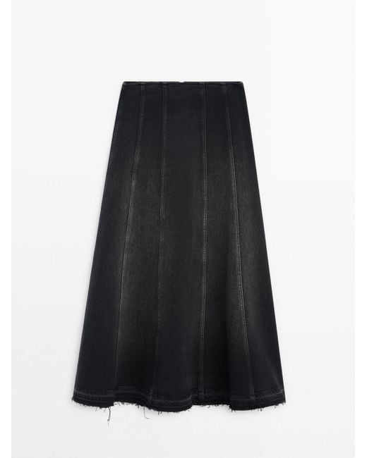 MASSIMO DUTTI Black Denim Midi Skirt With Seams And Frayed Hem