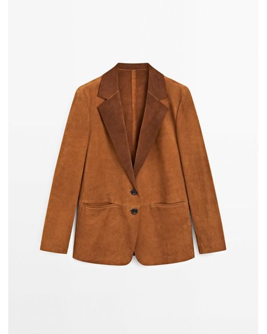 MASSIMO DUTTI Soepelvallende Suède Leren Blazer in het Brown