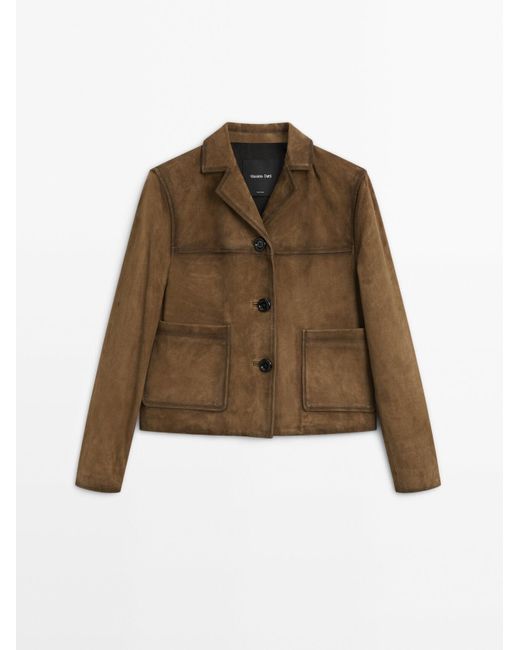 MASSIMO DUTTI Suède Leren Jack Met Zakken in het Brown