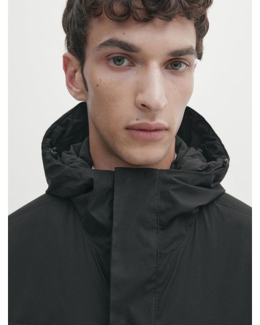 MASSIMO DUTTI Black Hooded Down And Feather Puffer Jacket for men