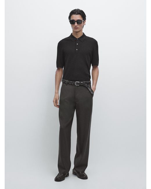 MASSIMO DUTTI Black 100% Merino Wool Knit Polo Jumper for men