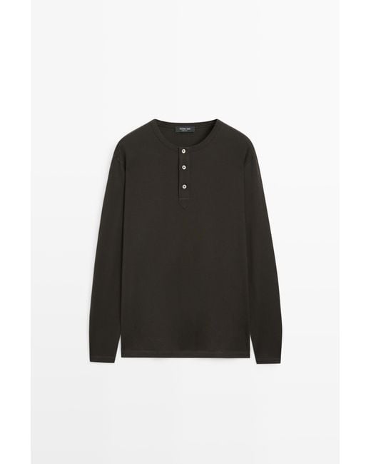 MASSIMO DUTTI Black 100% Cotton Long Sleeve Henley T-Shirt for men