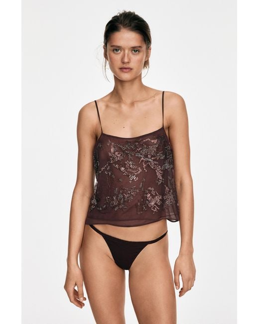 MASSIMO DUTTI Brown Flowing Strappy Top With Embroidered Detail
