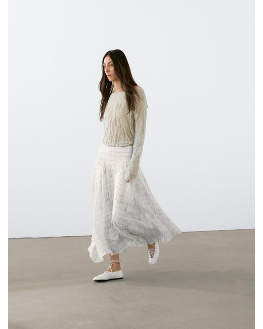 MASSIMO DUTTI White Flowing Check Midi Skirt